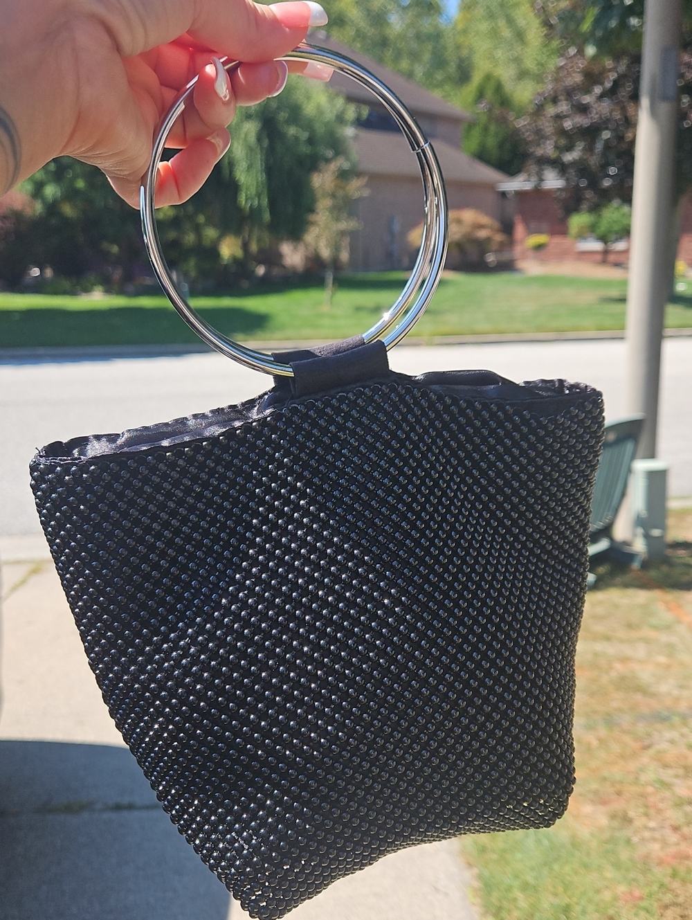 Black Beaded Ring-Handle Women's Handbag